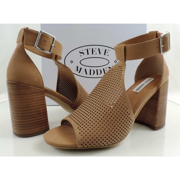 Steve Madden Sawyer Block Heel Sandals Perforated Leather Tan Nubuck Size 9.5 - Picture 2 of 7
